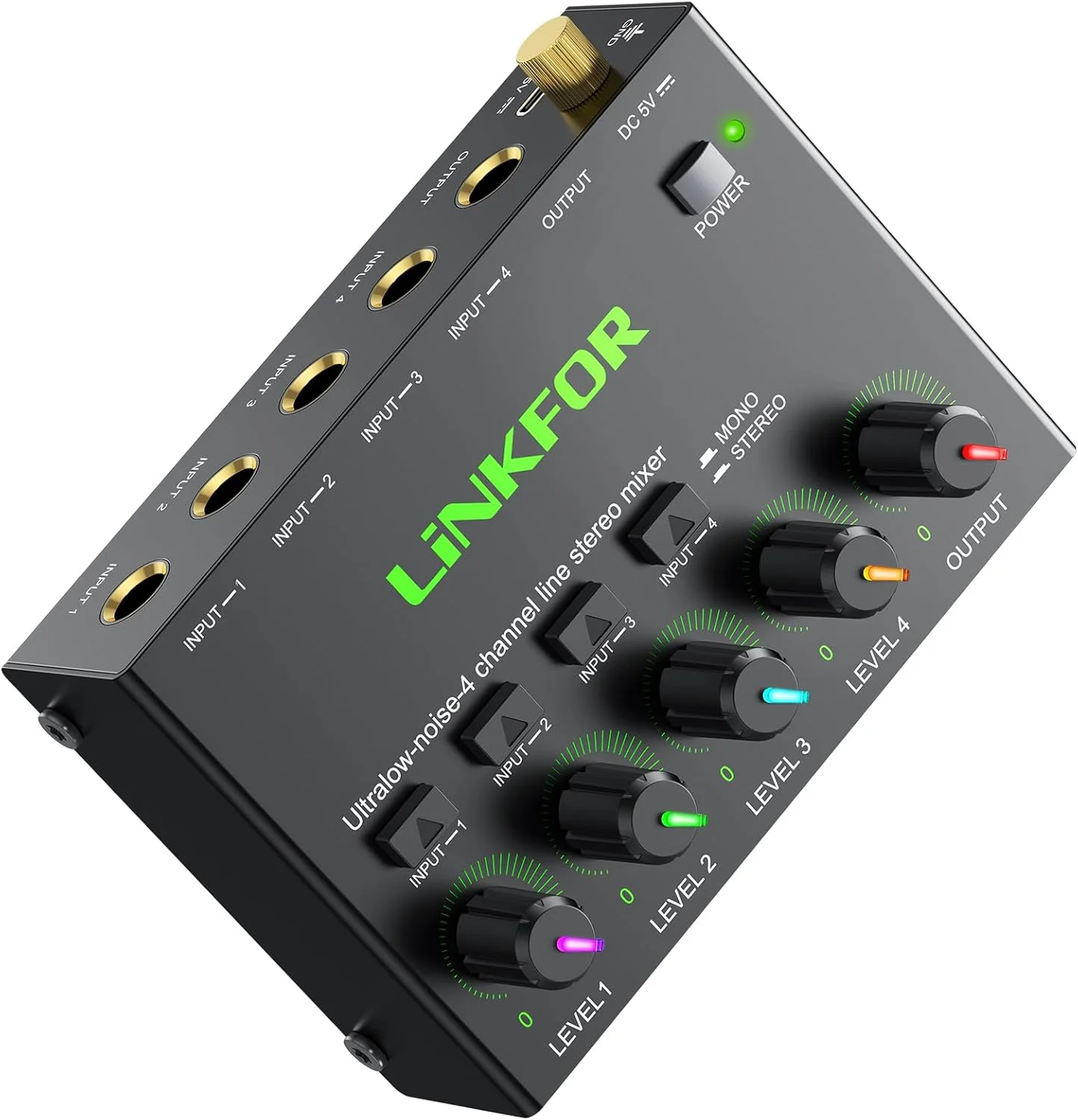 میکسر صوتی استریو 4 کاناله LiNKFOR، نویز بسیار کم، کنترل مستقل صدا، میکسر صوتی مینی DC 5V Type-C با آداپتور برق و کابل صوتی برای میکروفون، گیتار، باس، کیبورد