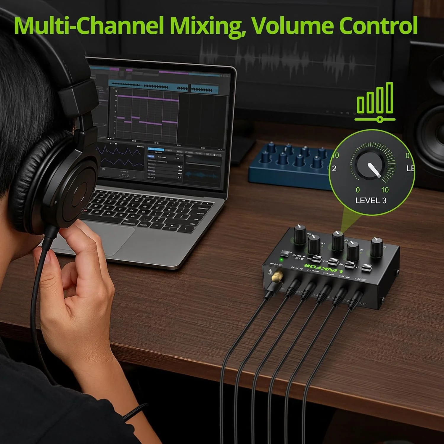میکسر فعال 4 کانال 3.5 میلی‌متری LiNKFOR، میکسر استریو 4 ورودی 1 خروجی صدا با منبع تغذیه دارای گواهی حجم اصلی، کنترل صدای مستقل کم نویز برای تقویت کننده دستگاه های پخش PC