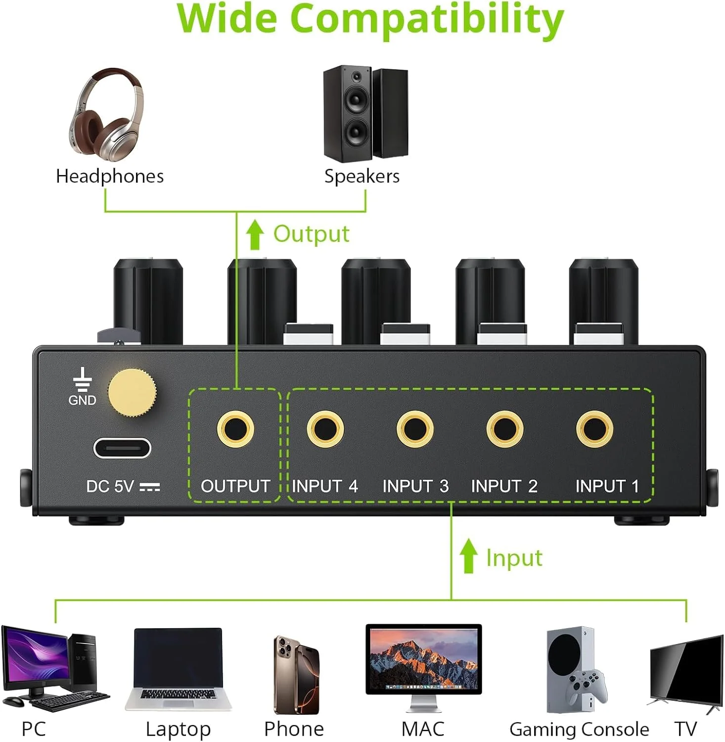 میکسر فعال 4 کانال 3.5 میلی‌متری LiNKFOR، میکسر استریو 4 ورودی 1 خروجی صدا با منبع تغذیه دارای گواهی حجم اصلی، کنترل صدای مستقل کم نویز برای تقویت کننده دستگاه های پخش PC