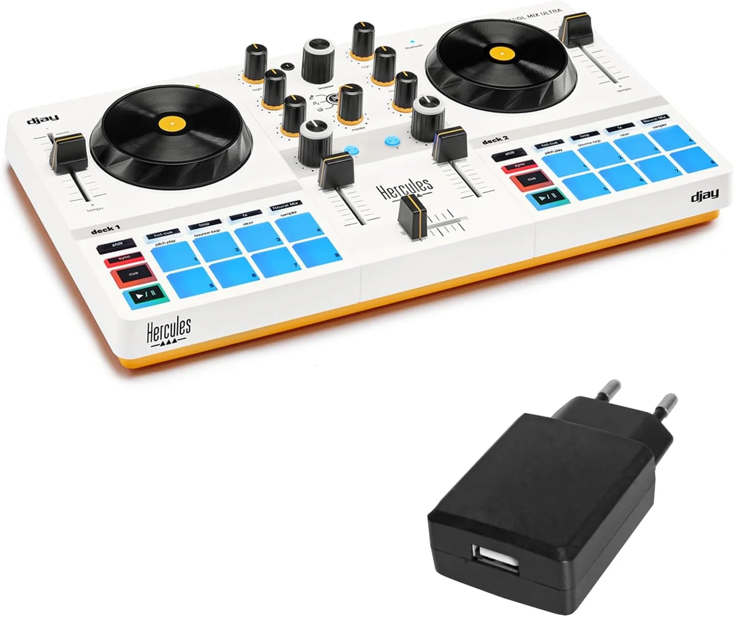میکسر DJControl Mix Ultra قابل حمل هرکولس به همراه آداپتور برق USB کیپ درام