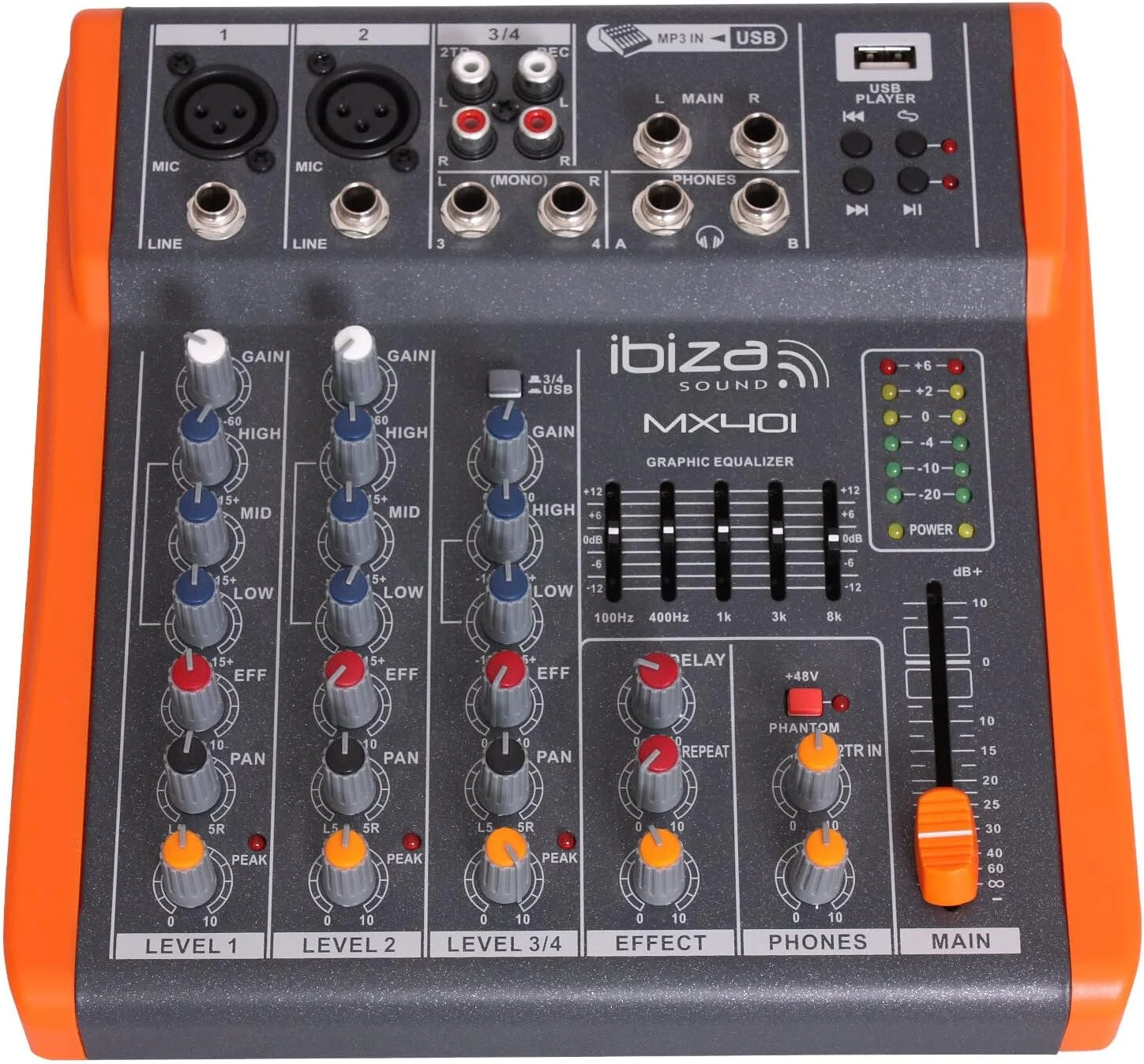 ایبیزا - MX401 - میکسر نیمه حرفه ای 4 کاناله (اکولایزر 5 باندی) با ورودی های میکروفون و لاین و خروجی های REC، RCA، هدفون و AUX - USB - مشکی و نارنجی