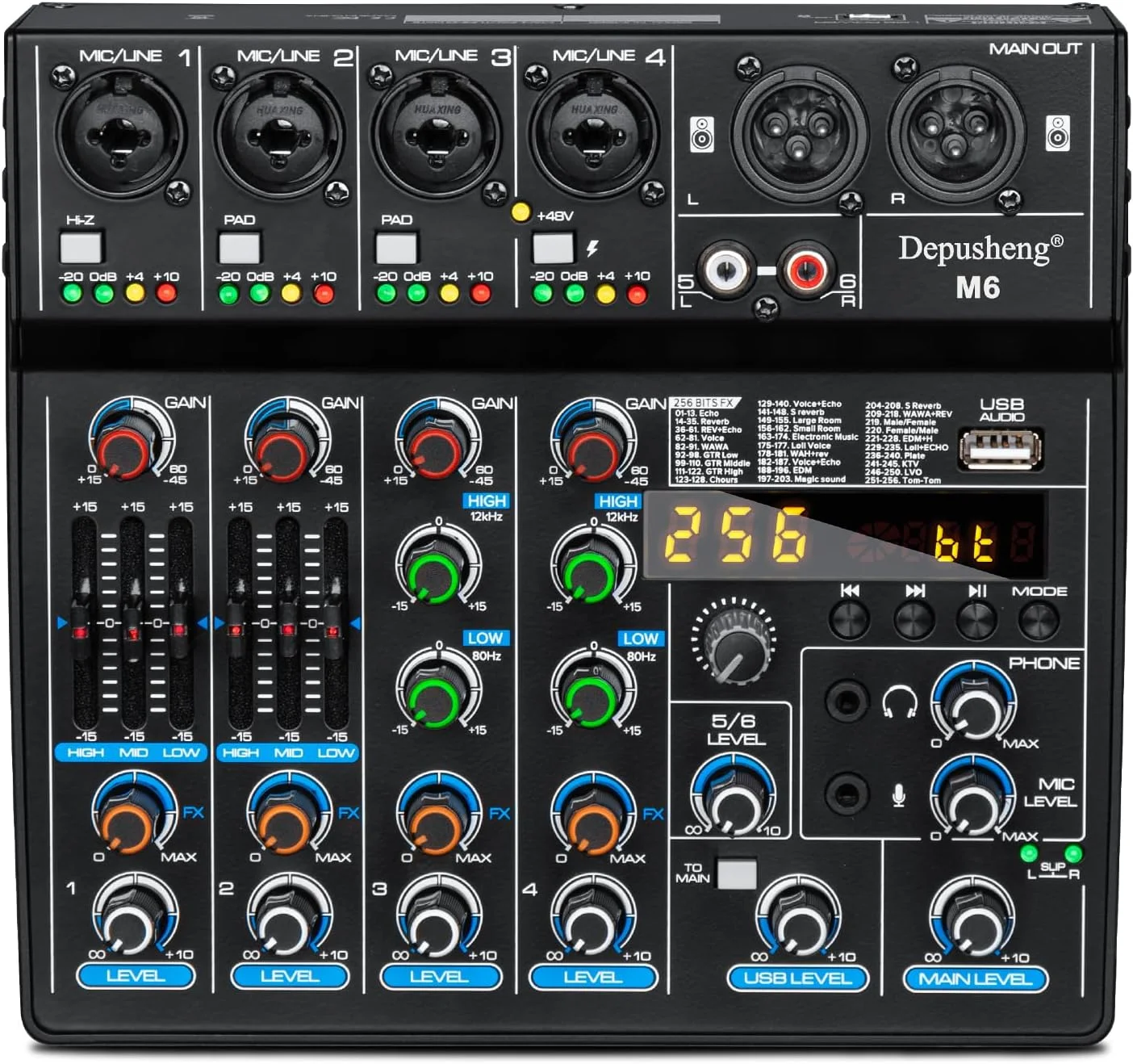 میکسر DJ قابل حمل 6 کاناله Depusheng M6 با بلوتوث، MP3، افکت های دیجیتال 256 گانه و رابط USB برای ضبط کامپیوتر، پخش زنده، پادکست و کارائوکه