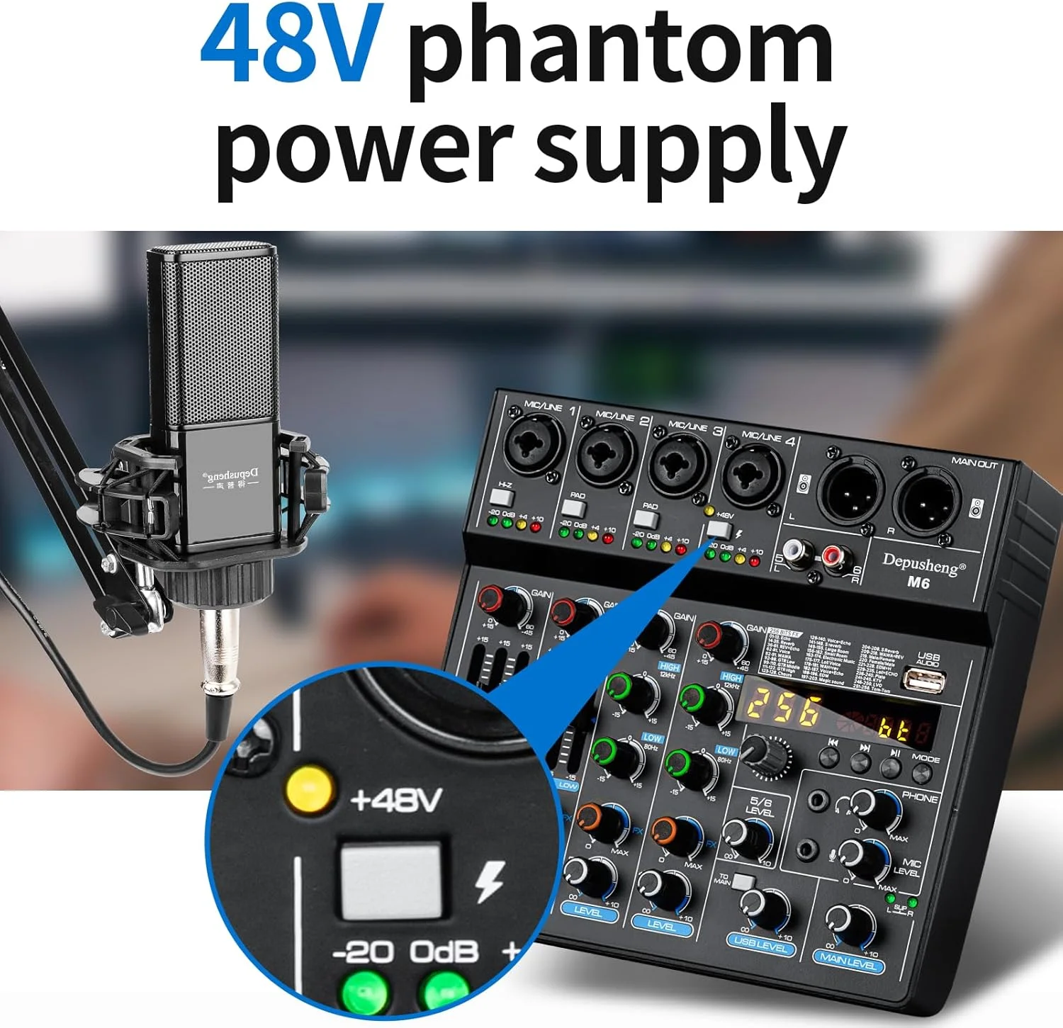 میکسر DJ قابل حمل 6 کاناله Depusheng M6 با بلوتوث، MP3، افکت های دیجیتال 256 گانه و رابط USB برای ضبط کامپیوتر، پخش زنده، پادکست و کارائوکه - تصویر 2