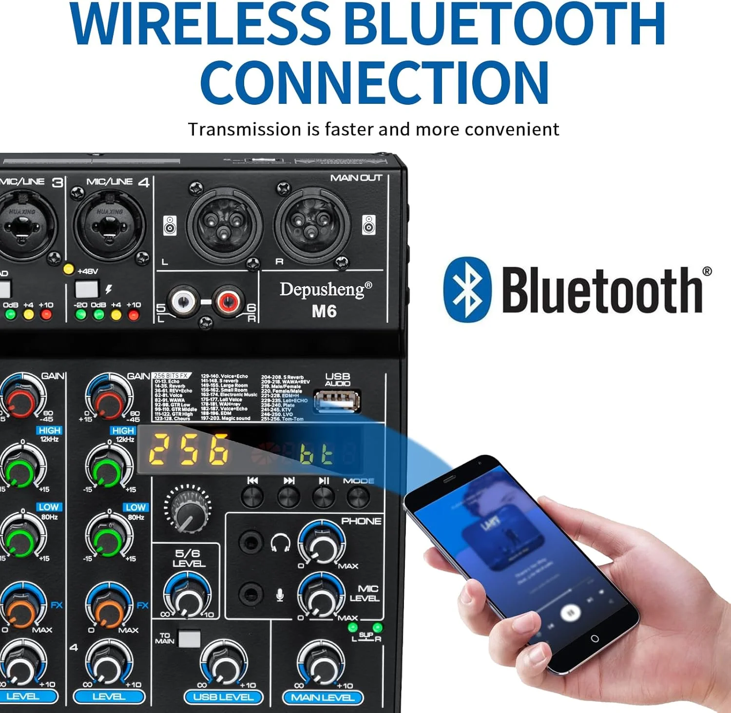 میکسر DJ قابل حمل 6 کاناله Depusheng M6 با بلوتوث، MP3، افکت های دیجیتال 256 گانه و رابط USB برای ضبط کامپیوتر، پخش زنده، پادکست و کارائوکه - تصویر 3