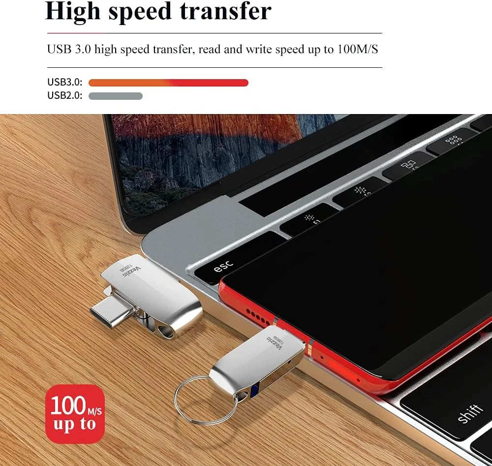 فلش مموری USB نوع C وززیو، فلش درایو USB 3.0 دو پورت 2 در 1 با سرعت بالا برای تلفن همراه، کامپیوتر، مک بوک (128 گیگابایت)