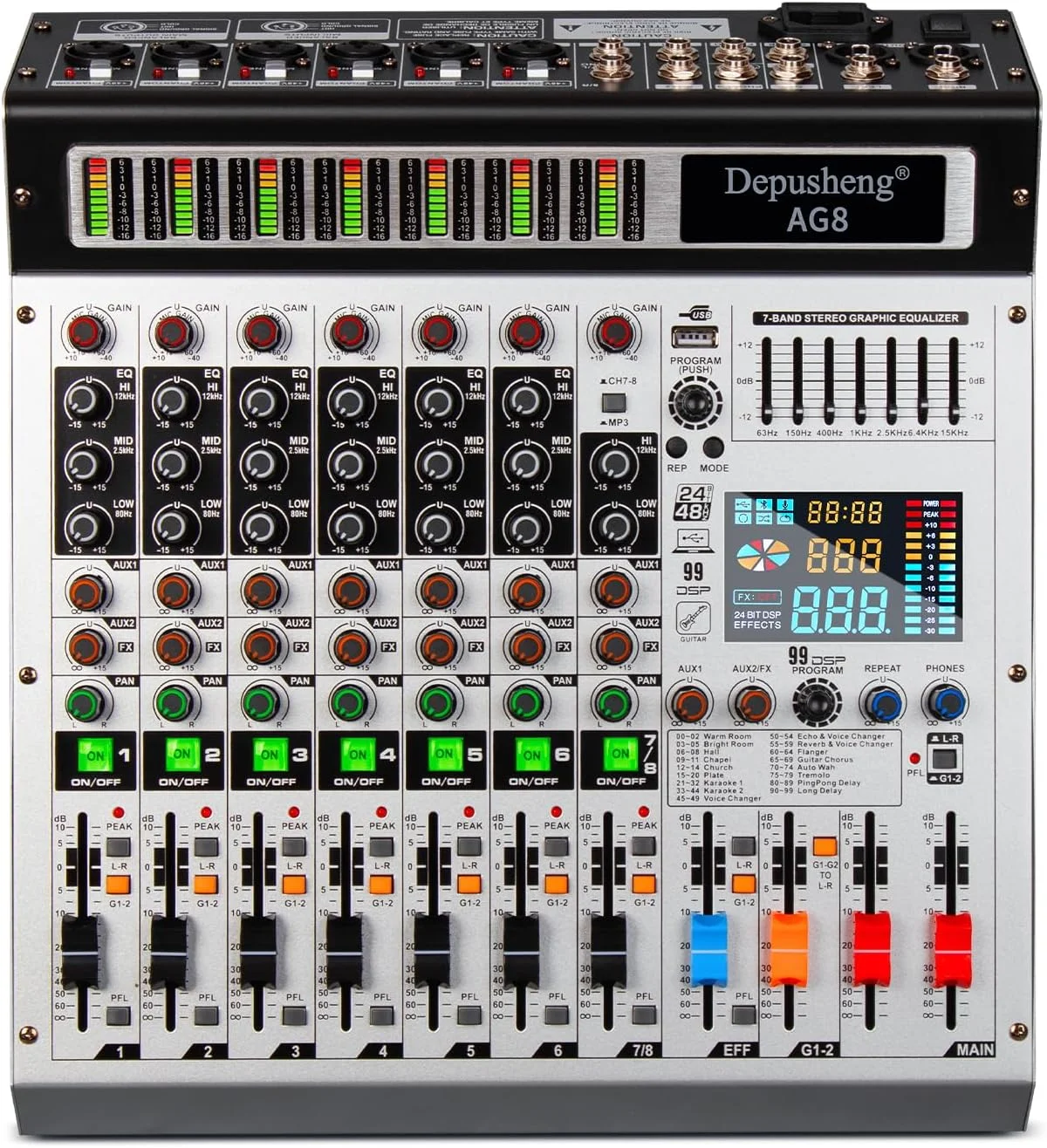 میکسر صدای حرفه ای 8 کاناله Depusheng AG8 با 99 DSP Echo، MP3 USB بلوتوث، فانتوم پاور 48 ولت، گروه بندی و 2 رابط AUX برای ضبط DJ، استیج و کارائوکه - تصویر 2