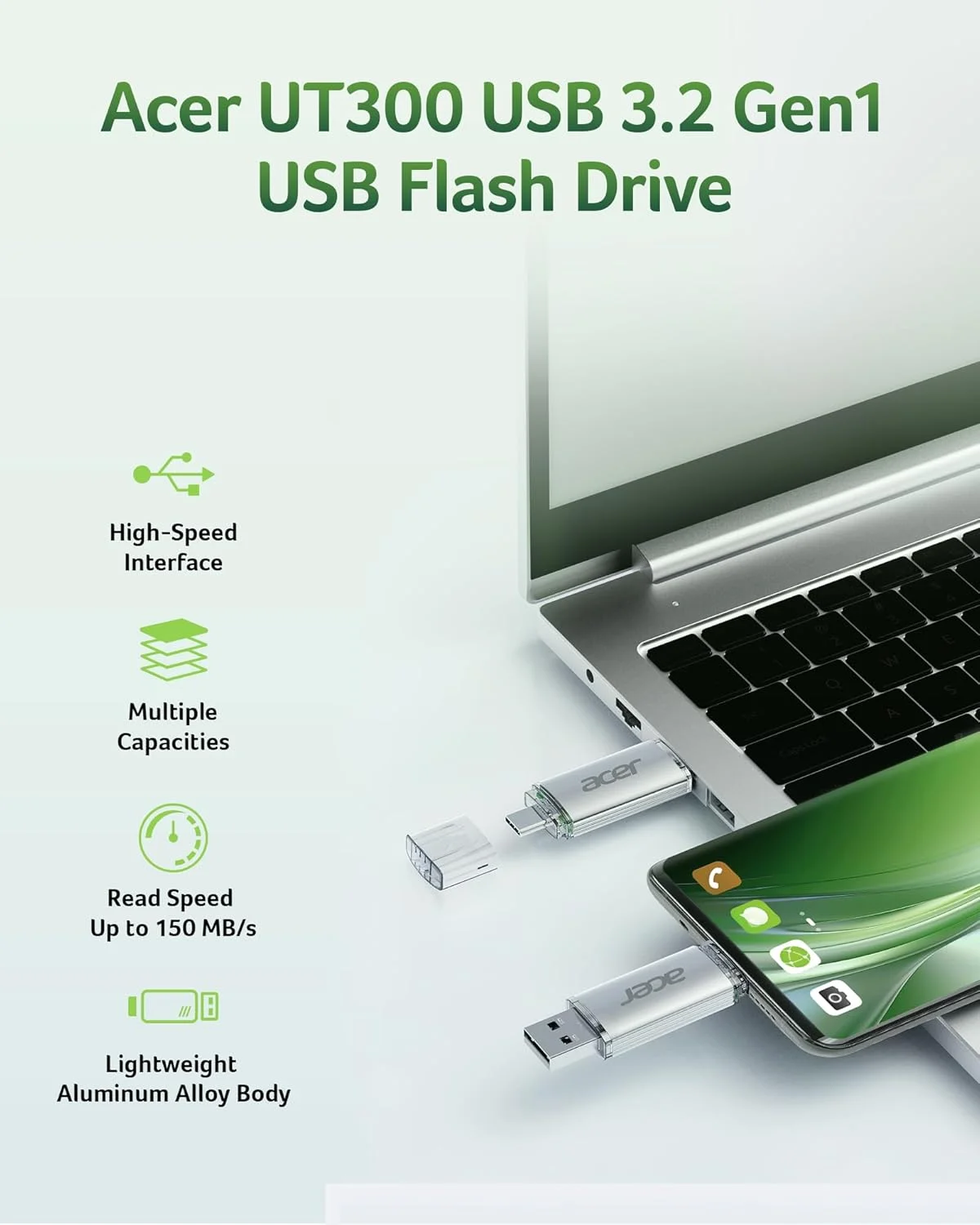 فلش مموری USB 3.0 ایسر UT300 با ظرفیت 128 گیگابایت، سرعت انتقال تا 150 مگابایت بر ثانیه، فلش درایو USB Type-C و Type-A برای تلفن، لپ تاپ، تلویزیون و تجهیزات صوتی فلش مموری USB 3.0 ایسر UT300 با ظرفیت 128 گیگابایت، سرعت انتقال تا 150 مگابایت بر ثانیه، فلش درایو USB Type-C و Type-A برای تلفن، لپ تاپ، تلویزیون و تجهیزات صوتی