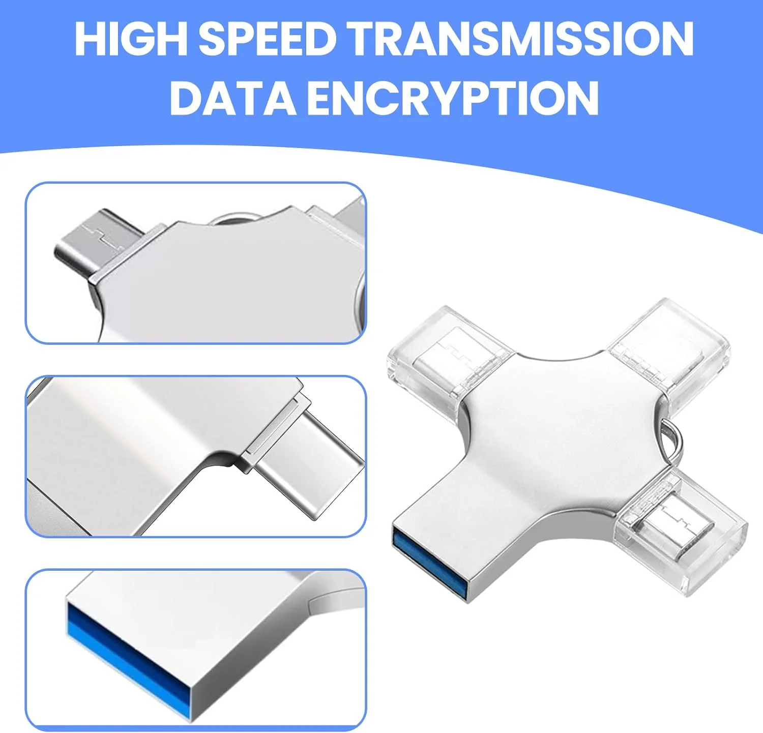 فلش مموری USB چهار در یک 64 گیگابایت - فلش درایو پرسرعت با پورت USB 3.0، پورت Type-C و پورت لایتنینگ، برای ذخیره عکس/فیلم/داده فلش مموری USB چهار در یک 64 گیگابایت - فلش درایو پرسرعت با پورت USB 3.0، پورت Type-C و پورت لایتنینگ، برای ذخیره عکس/فیلم/داده