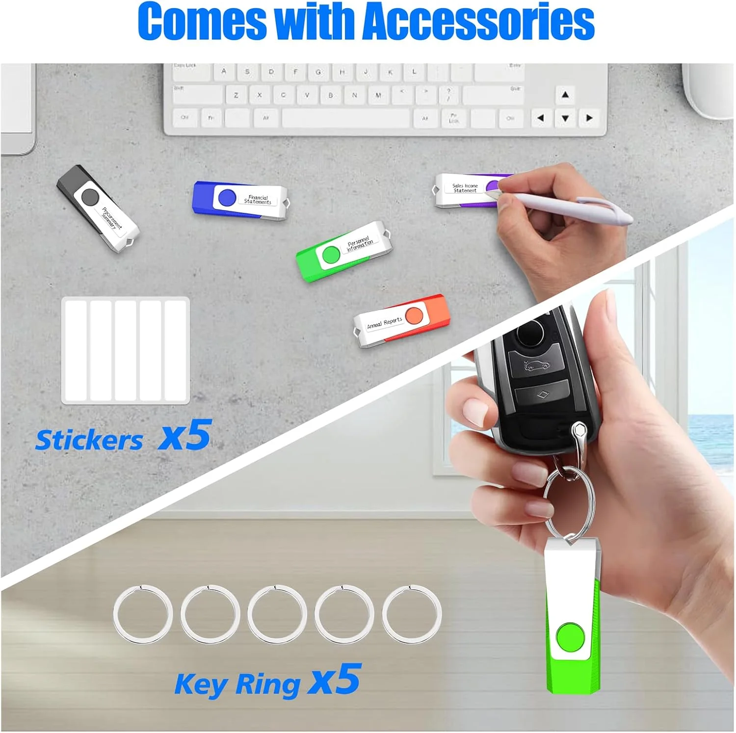 فلش مموری USB تِوِن 4 گیگابایتی USB 2.0 بسته 5 عددی، درایو فلش، حافظه USB با حلقه کلید و برچسب برای کامپیوتر، خودرو و تلویزیون