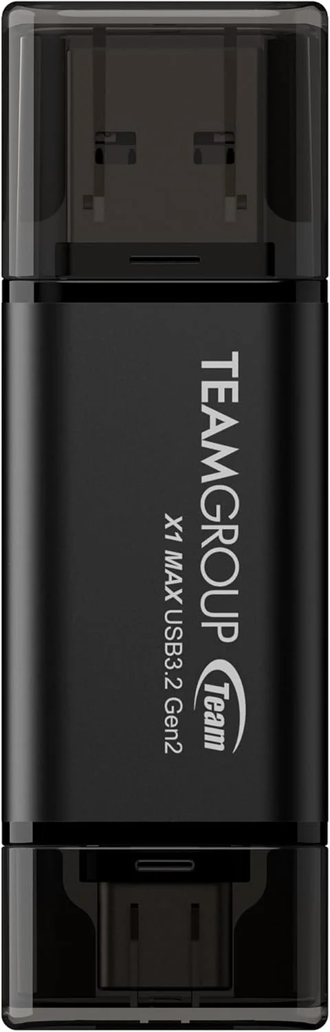 فلش مموری TEAMGROUP X1 MAX با ظرفیت 256 گیگابایت، USB 3.2 با سرعت 1000 مگابایت بر ثانیه، نسل 2، دارای رابط دوگانه Type A و Type C (3.1/3.0) OTG، مناسب برای ذخیره سازی اطلاعات و سازگار با گوشی های هوشمند، تبلت ها، لپ تاپ ها، کامپیوترها و مک بوک مدل TX1MAX3256GB01