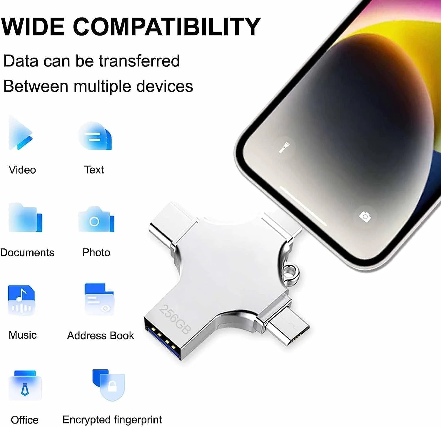 فلش مموری 256 گیگابایتی 4 در 1 USB 3.0، حافظه جانبی پرسرعت، Type-C/Micro/iOS/Android، استوریج اکسترنال قابل حمل، سازگار با آیفون، آیپد، مک بوک، سامسونگ، لپ تاپ، تبلت فلش مموری 256 گیگابایتی 4 در 1 USB 3.0، حافظه جانبی پرسرعت، Type-C/Micro/iOS/Android، استوریج اکسترنال قابل حمل، سازگار با آیفون، آیپد، مک بوک، سامسونگ، لپ تاپ، تبلت