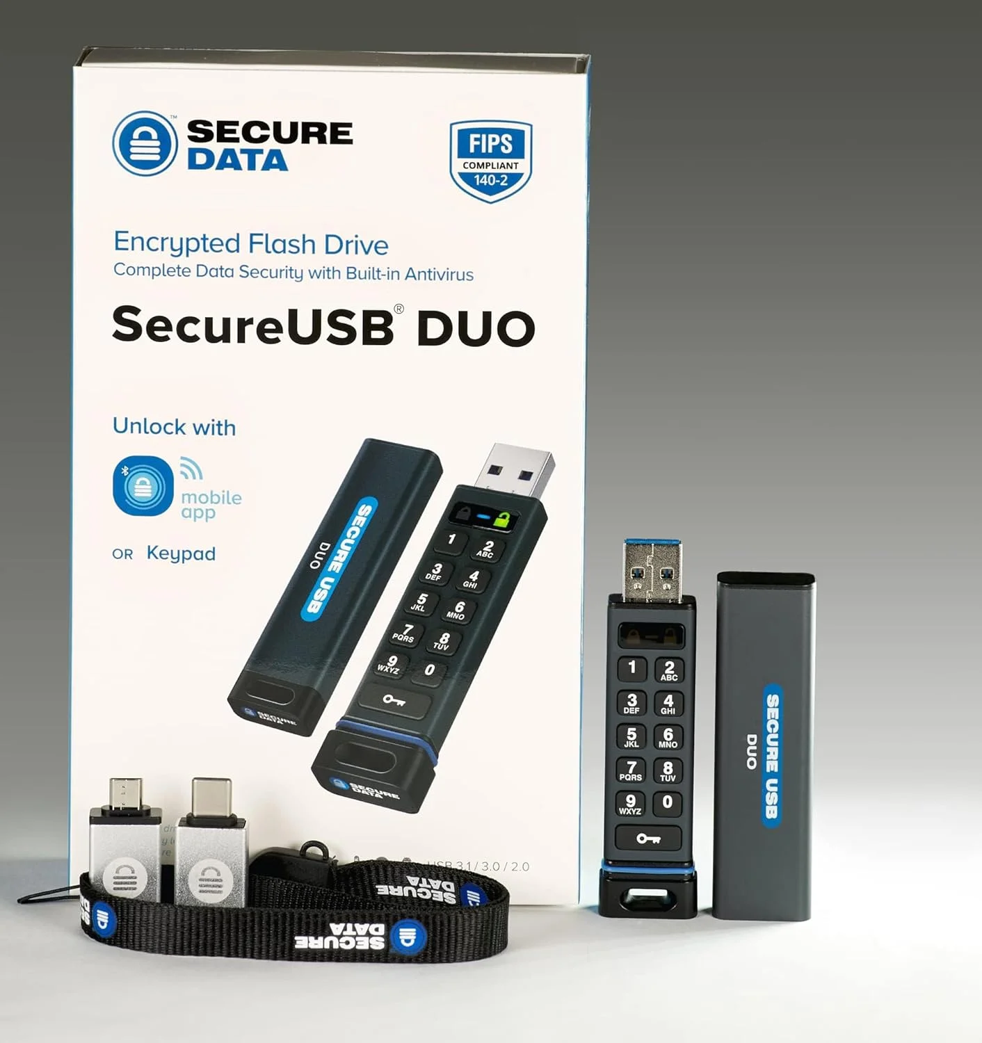 فلش مموری USB 3.0 رمزگذاری شده SecureData SecureUSB Duo با ظرفیت 32 گیگابایت، باز کردن قفل از طریق صفحه کلید یا برنامه تلفن، سازگار با TAA، CJIS، HIPAA، CMMC، GDPR، سازگار با Mac و Win، آنتی ویروس رایگان فلش مموری USB 3.0 رمزگذاری شده SecureData SecureUSB Duo با ظرفیت 32 گیگابایت، باز کردن قفل از طریق صفحه کلید یا برنامه تلفن، سازگار با TAA، CJIS، HIPAA، CMMC، GDPR، سازگار با Mac و Win، آنتی ویروس رایگان