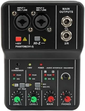 میکسر صوتی Fockety، 2 کانال USB کارت صدای زنده قابل حمل سیستم کنسول Soundboard با منبع تغذیه فانتوم 48 ولت، میکسر DJ 16 بیتی 48 کیلوهرتز، برای ضبط موسیقی کارائوکه استریم بازی