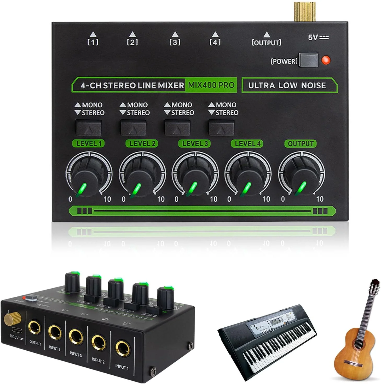 میکسر صدای استریو 4 کانال، میکسر صوتی 4 کاناله 6.35 میلی‌متری با 4 ورودی و 1 خروجی، شارژ Type-C، میکسر صدا برای اجراهای گروهی، اجراهای صحنه‌ای، تمرینات ساز، ضبط موسیقی