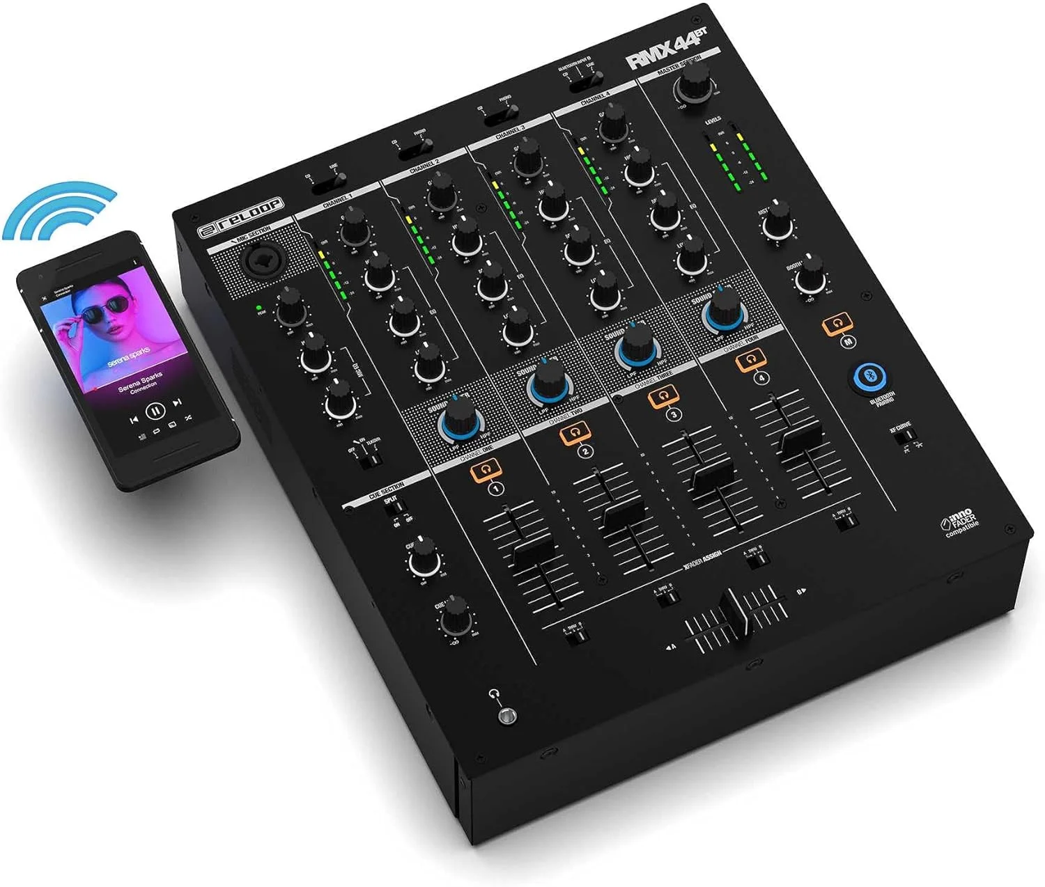 میکسر دی‌جی بلوتوثی ۴ کاناله Reloop RMX-44 BT، ۹ ورودی، ۴ خروجی، اتصال هوشمند ورودی بلوتوث با عملکرد Cue