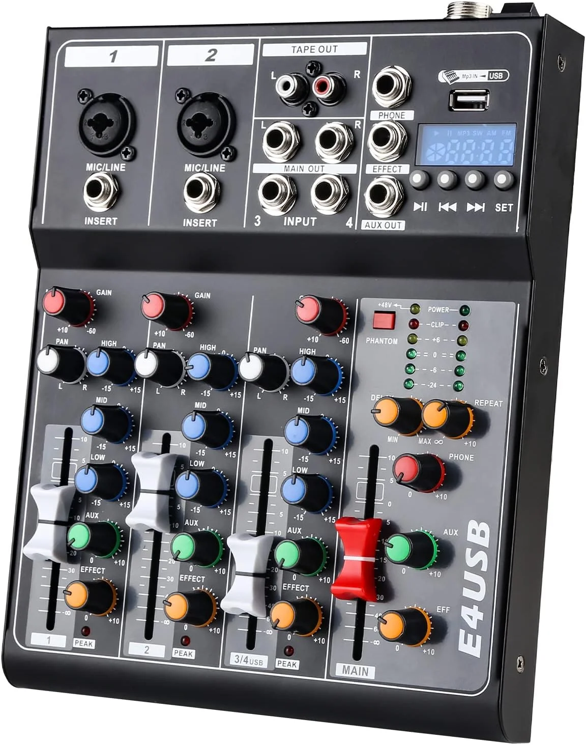 میکسر صدا 4 کانال استریو، میکسر صوتی مینی، میکسر DJ برای کارائوکه با بلوتوث MP3 فانتوم پاور 48 ولت FX افکت های دیجیتال آنالوگ