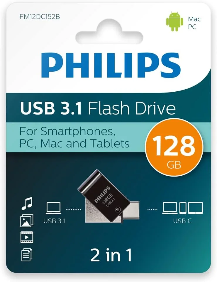فلش مموری دوگانه فیلیپس 2 در 1 OTG با سرعت فوق العاده USB-C/USB 3.1 ظرفیت 128 گیگابایت برای کامپیوتر، لپ تاپ، تلفن هوشمند (اندروید)، تبلت، بسیار کوچک، سرعت خواندن تا 180 مگابایت بر ثانیه