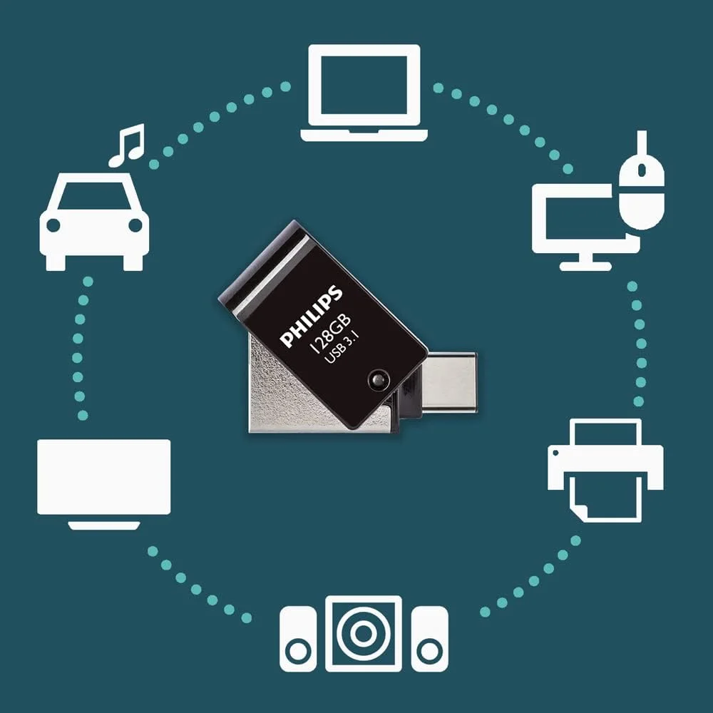 فلش مموری دوگانه فیلیپس 2 در 1 OTG با سرعت فوق العاده USB-C/USB 3.1 ظرفیت 128 گیگابایت برای کامپیوتر، لپ تاپ، تلفن هوشمند (اندروید)، تبلت، بسیار کوچک، سرعت خواندن تا 180 مگابایت بر ثانیه