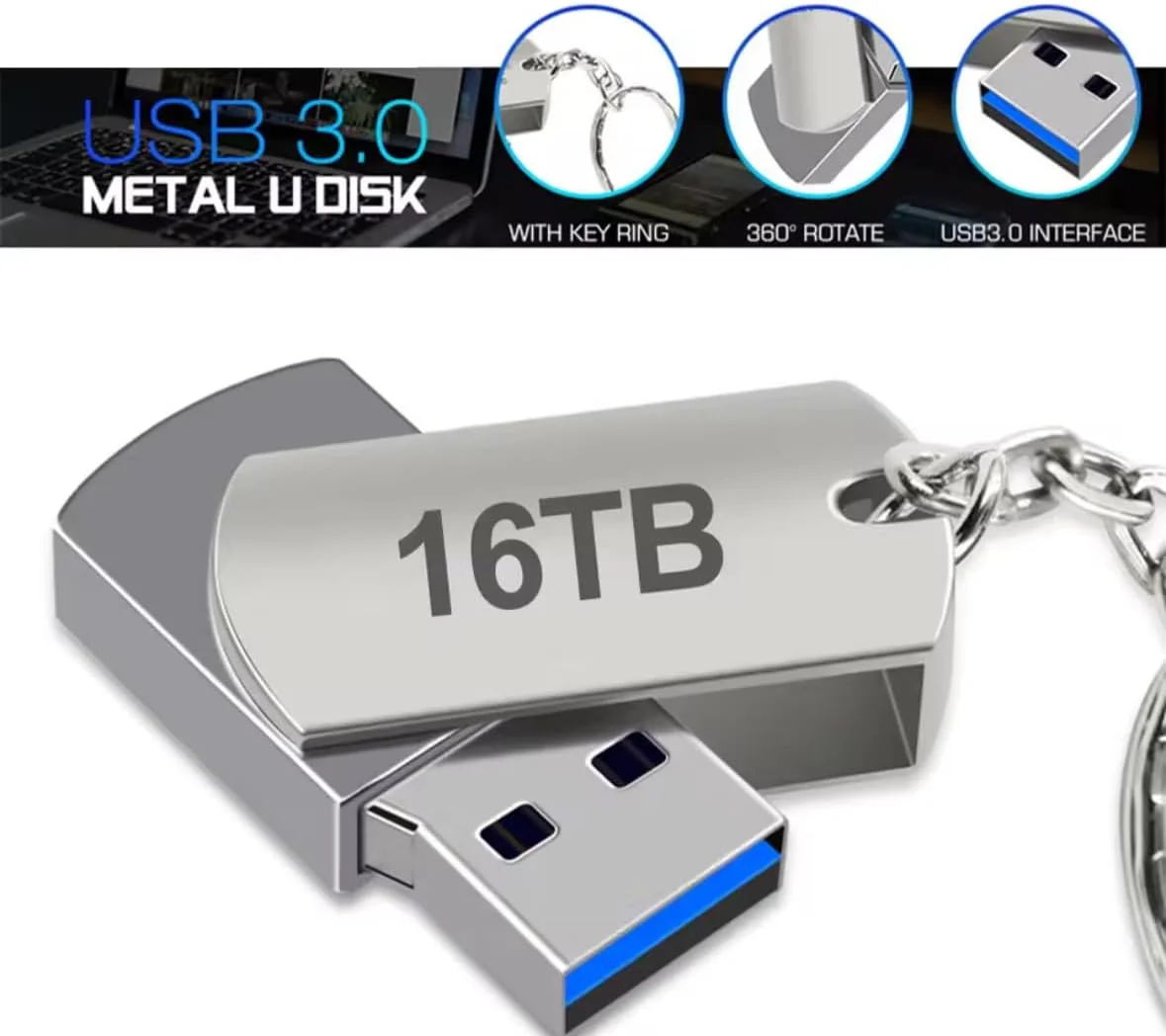 فلش مموری 16 ترابایتی USB 3.0 فلزی، طراحی چرخان 360 درجه با جاکلیدی، نقره ای فلش مموری 16 ترابایتی USB 3.0 فلزی، طراحی چرخان 360 درجه با جاکلیدی، نقره ای