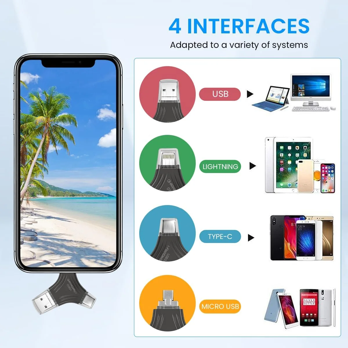 HASTHIP® YourBrand فلش مموری 128 گیگابایتی 4 در 1 USB برای آیفون، آیپد، اندروید، کامپیوتر، USB 3.0، Type-C، میکرو، کانکتور دوگانه، حافظه اکسترنال پرسرعت، فلش درایو برای گوشی های هوشمند و تبلت ها HASTHIP® YourBrand فلش مموری 128 گیگابایتی 4 در 1 USB برای آیفون، آیپد، اندروید، کامپیوتر، USB 3.0، Type-C، میکرو، کانکتور دوگانه، حافظه اکسترنال پرسرعت، فلش درایو برای گوشی های هوشمند و تبلت ها