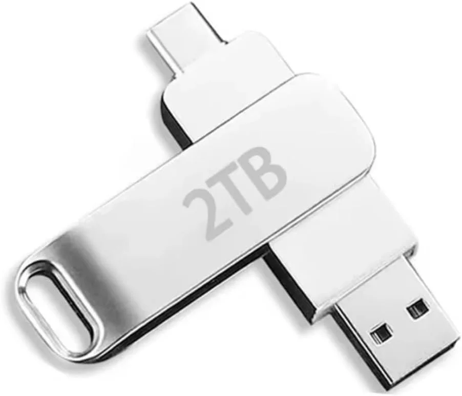 فلش مموری USB 2 ترابایتی با پورتهای دوگانه USB Type-C و Type-A، نقرهای فلش مموری USB 2 ترابایتی با پورتهای دوگانه USB Type-C و Type-A، نقرهای