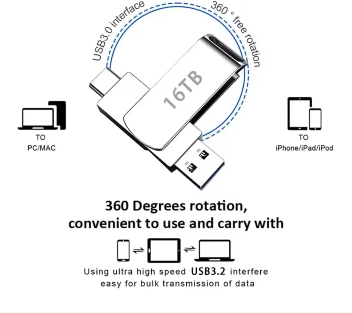فلش مموری USB با ظرفیت 16 ترابایت، دارای دو پورت USB Type-C و Type-A، نقره ای فلش مموری USB با ظرفیت 16 ترابایت، دارای دو پورت USB Type-C و Type-A، نقره ای