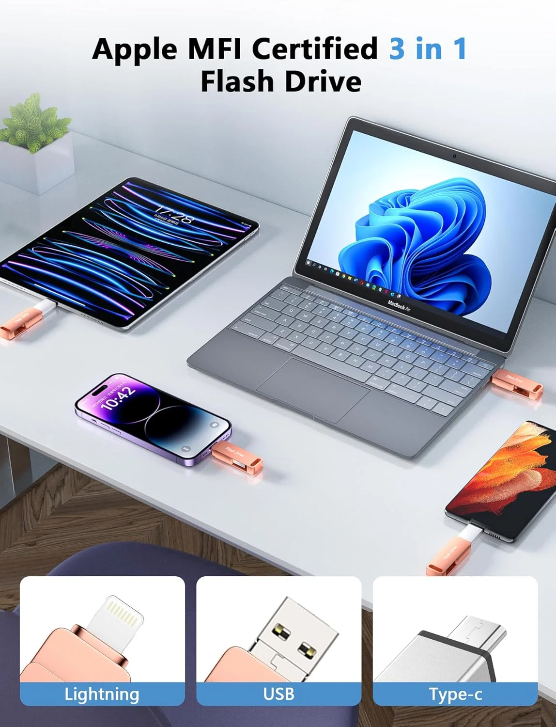 فلش مموری 512 گیگابایتی عکس دارای گواهینامه MFi، فلش درایو USB سه در یک برای آیفون با قابلیت پشتیبان گیری عکس، فلش درایو USB پرسرعت برای ذخیره سازی آیفون/آیپد/اندروید/کامپیوتر - صورتی فلش مموری 512 گیگابایتی عکس دارای گواهینامه MFi، فلش درایو USB سه در یک برای آیفون با قابلیت پشتیبان گیری عکس، فلش درایو USB پرسرعت برای ذخیره سازی آیفون/آیپد/اندروید/کامپیوتر - صورتی