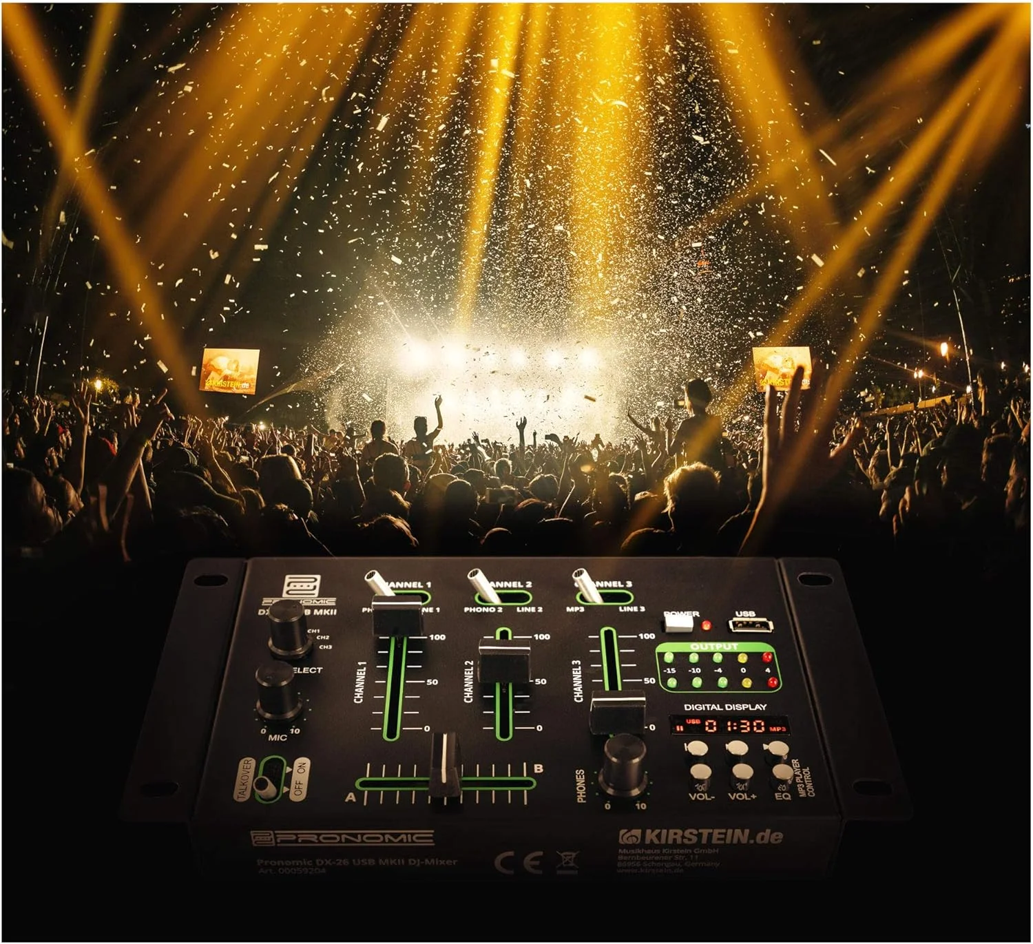 میکسر دی‌جی Pronomic DX-26 USB MKII - میکسر دی‌جی 3 کانال - عملکرد Cue برای همه کانال‌ها - پخش کننده MP3 - 2 کانال Line/Phono - 2 ورودی میکروفون