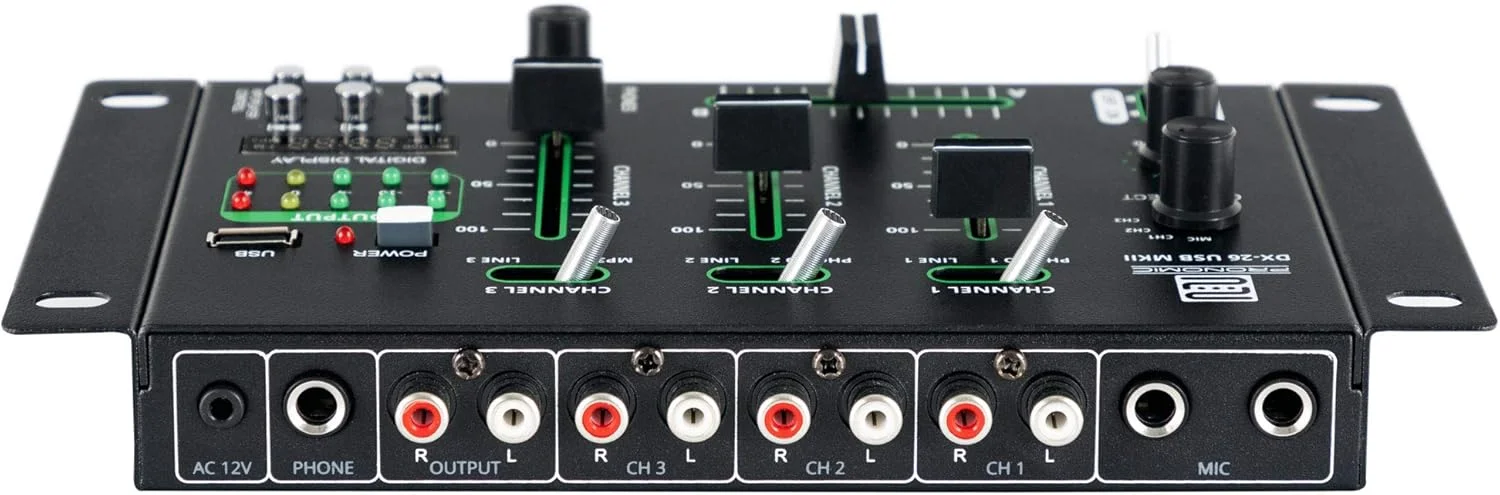 میکسر دی‌جی Pronomic DX-26 USB MKII - میکسر دی‌جی 3 کانال - عملکرد Cue برای همه کانال‌ها - پخش کننده MP3 - 2 کانال Line/Phono - 2 ورودی میکروفون