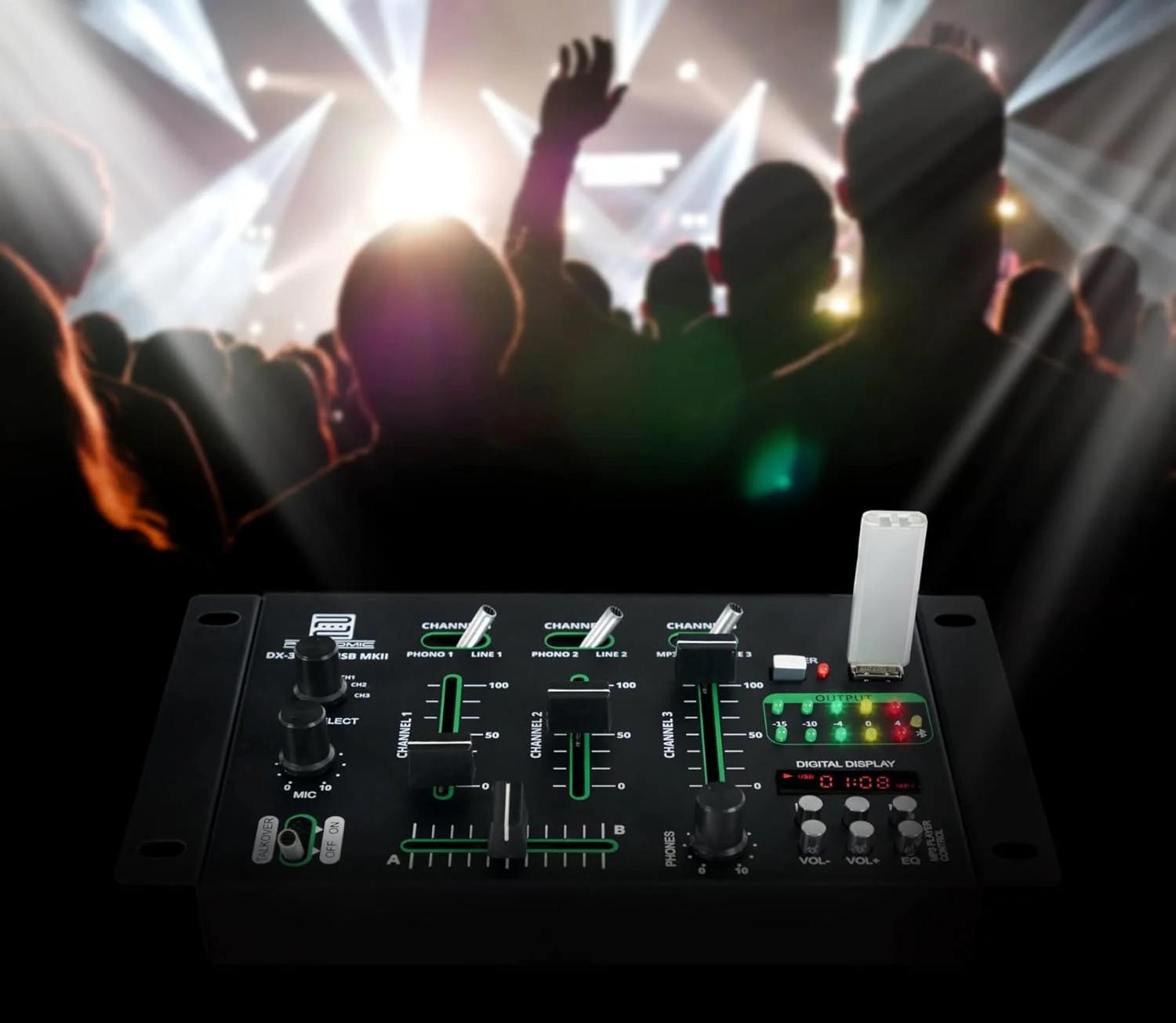 میکسر دی‌جی Pronomic DX-30BTU USB MKII - بلوتوث - 3 کانال - عملکرد Cue - پخش کننده USB/MP3/بلوتوث - شامل آداپتور برق