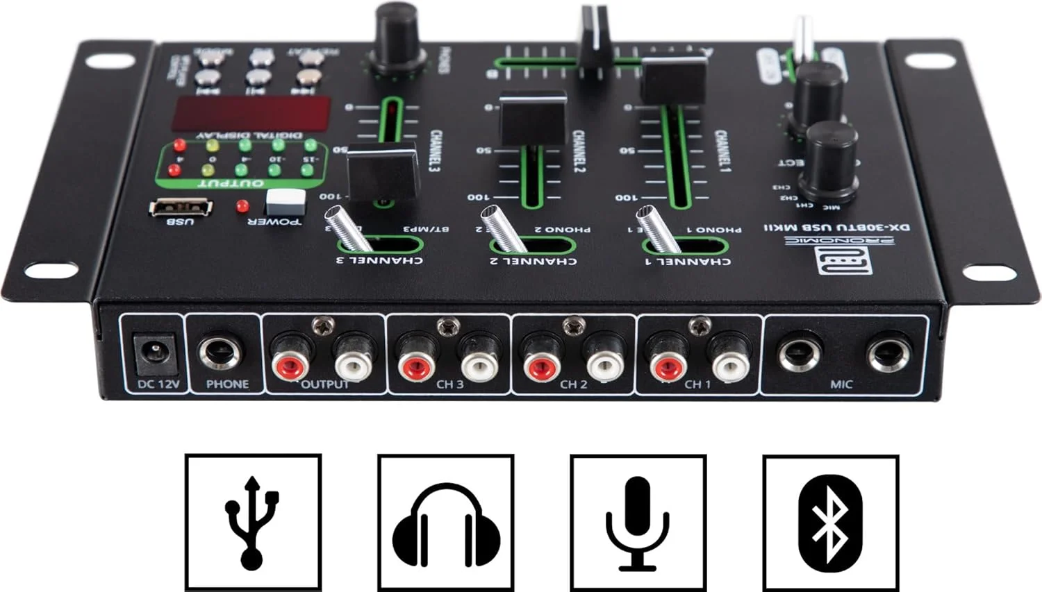 میکسر دی‌جی Pronomic DX-30BTU USB MKII - بلوتوث - 3 کانال - عملکرد Cue - پخش کننده USB/MP3/بلوتوث - شامل آداپتور برق