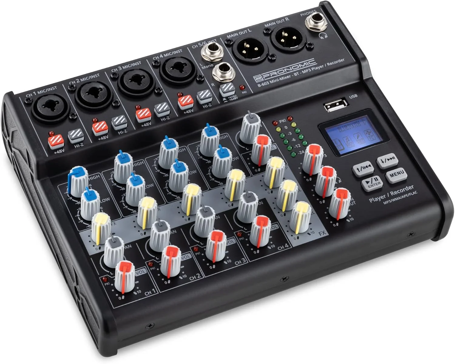میکسر کوچک 6 کاناله Pronomic B-603 با بلوتوث و ضبط USB - میکسر جمع و جور 6 کاناله - 4 کانال با ورودی های ترکیبی، فانتوم پاور و سوئیچ Hi-Z - پورت USB - خروجی های اصلی در فرمت XLR - مشکی
