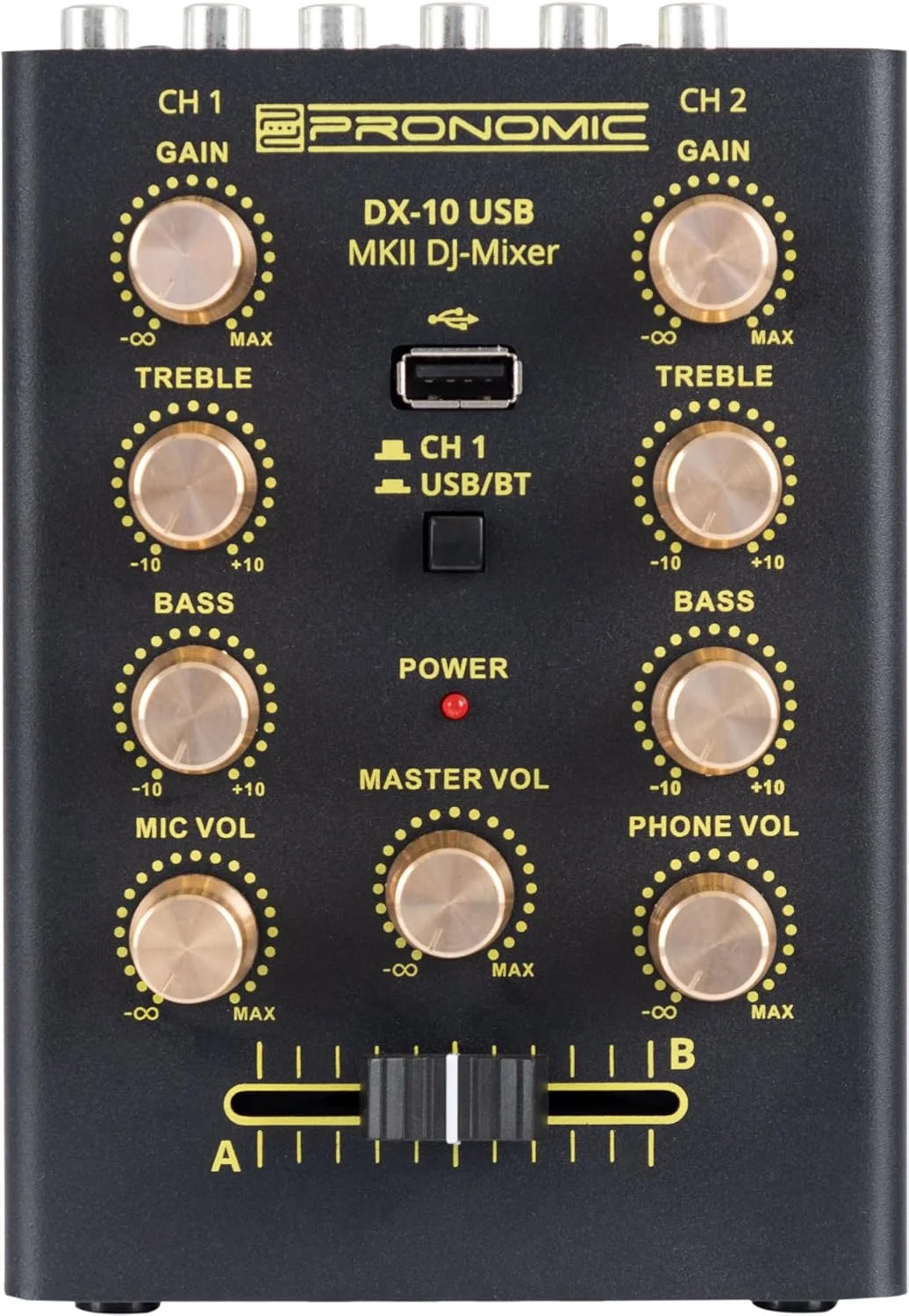 میکسر دی‌جی Pronomic DX-10 USB MKII - میکسر دی‌جی 2 کاناله جمع و جور - دو ورودی لاین - اکولایزر 2 باندی - بلوتوث و USB - ورودی میکروفون - خروجی هدفون - مشکی