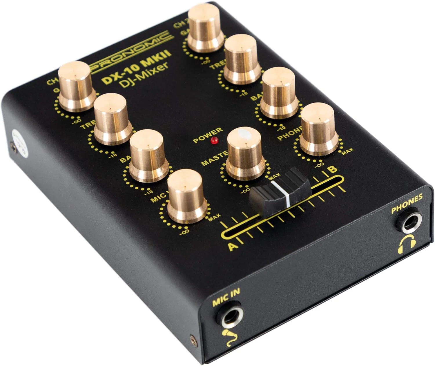 میکسر دی‌جی Pronomic DX-10 MKII - میکسر دی‌جی 2 کاناله جمع و جور با دو ورودی لاین و اکولایزر 2 باندی - ورودی میکروفون با کنترل صدای جداگانه - خروجی اصلی و هدفون - مشکی