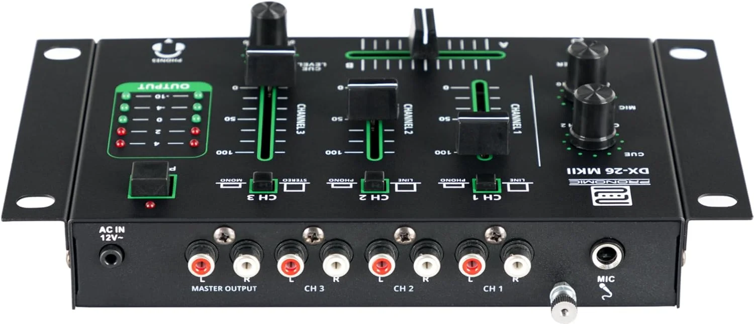 میکسر دی‌جی Pronomic DX-26 MKII - میکسر 3 کاناله با عملکرد Cue - 2 کانال Line/Phono - اتصال میکروفون و هدفون