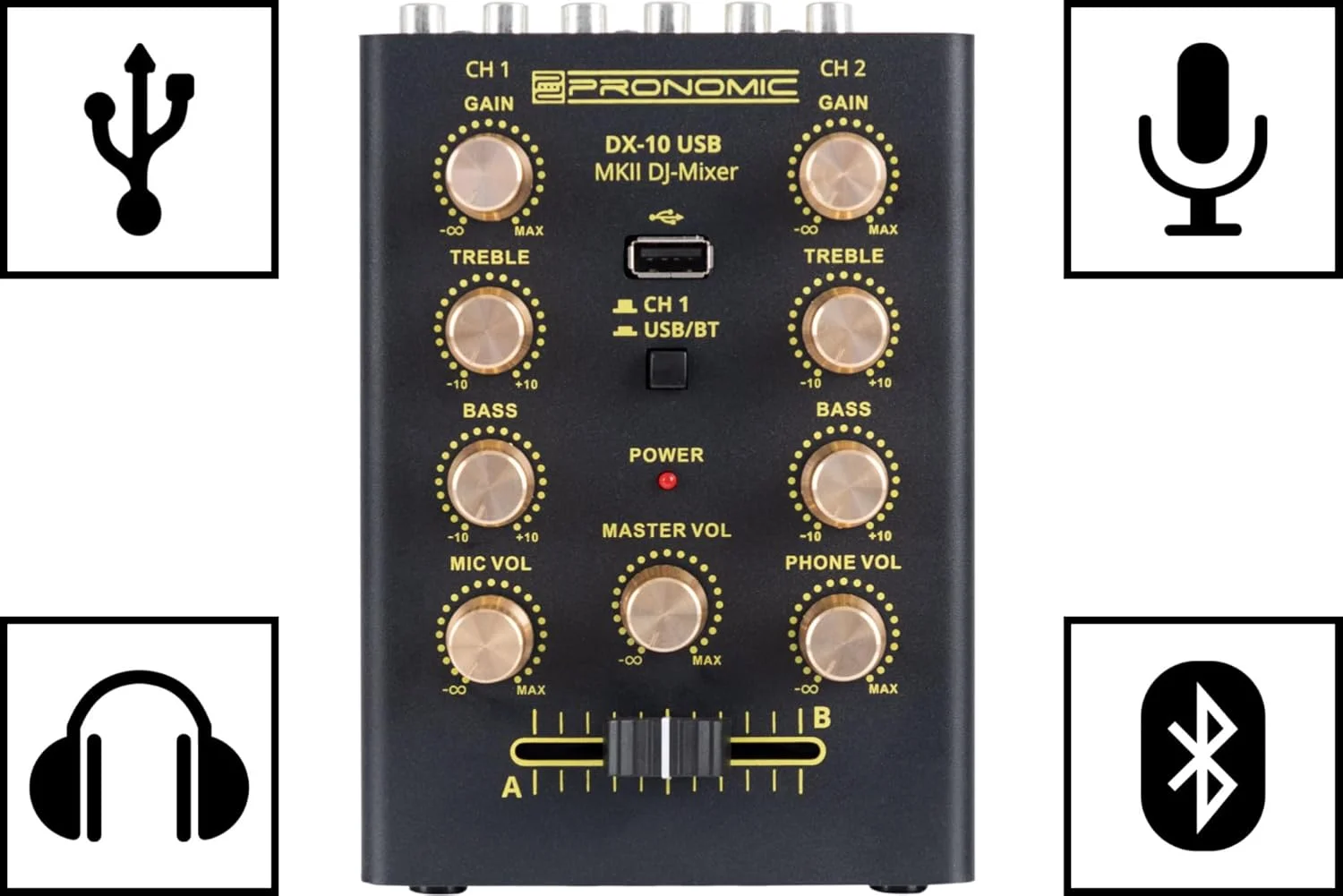 میکسر دی‌جی Pronomic DX-10 USB MKII - میکسر دی‌جی 2 کاناله جمع و جور - دو ورودی لاین - اکولایزر 2 باندی - بلوتوث و USB - ورودی میکروفون - خروجی هدفون - مشکی