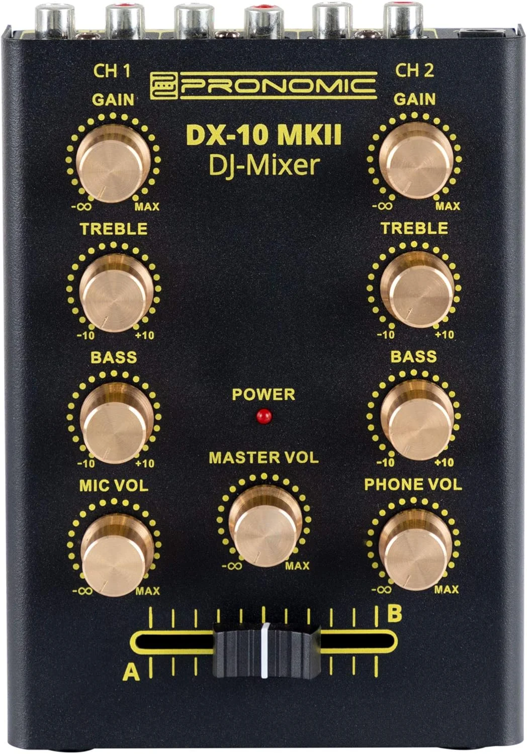 میکسر دی‌جی Pronomic DX-10 MKII - میکسر دی‌جی 2 کاناله جمع و جور با دو ورودی لاین و اکولایزر 2 باندی - ورودی میکروفون با کنترل صدای جداگانه - خروجی اصلی و هدفون - مشکی