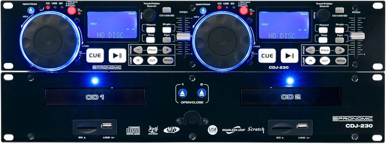دستگاه پخش سی دی دوگانه DJ پرونومیک CDJ-230 با USB و SD (میز DJ 2 کاناله با کنترلر جداگانه، Pitch Bender و افکت های DSP، Seamless Loop، فرمت 19 اینچ)