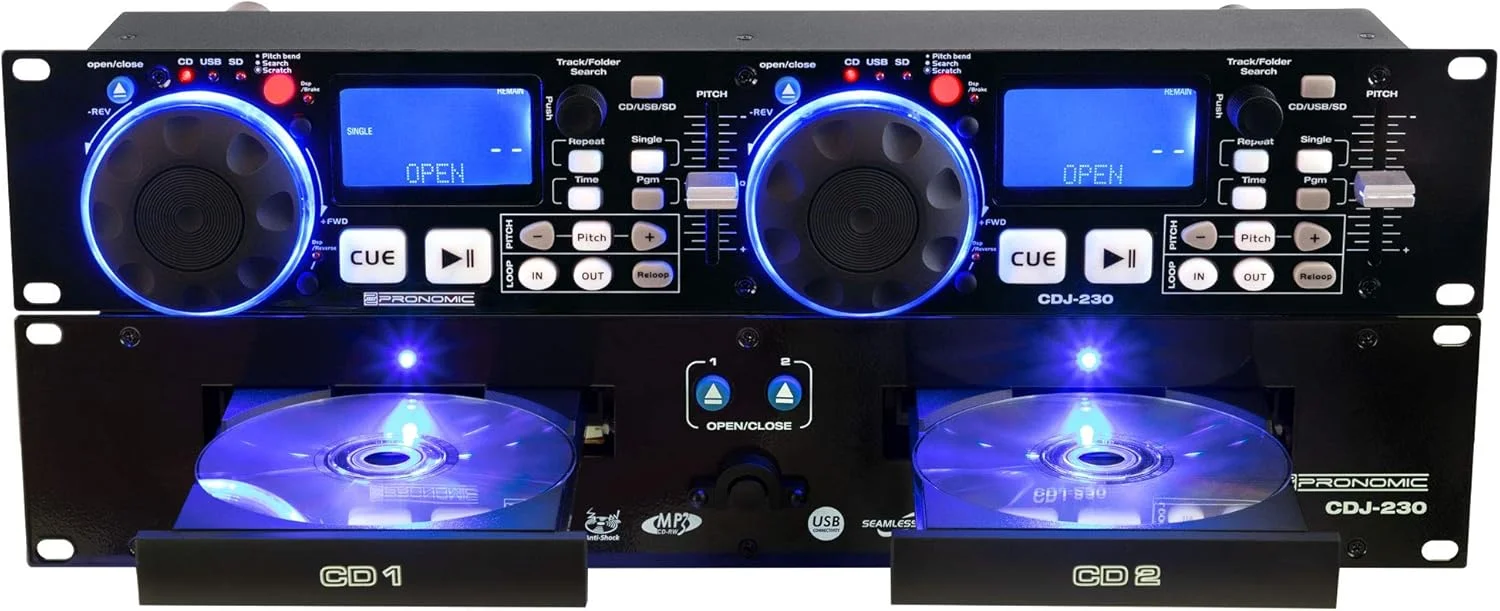 دستگاه پخش سی دی دوگانه DJ پرونومیک CDJ-230 با USB و SD (میز DJ 2 کاناله با کنترلر جداگانه، Pitch Bender و افکت های DSP، Seamless Loop، فرمت 19 اینچ)