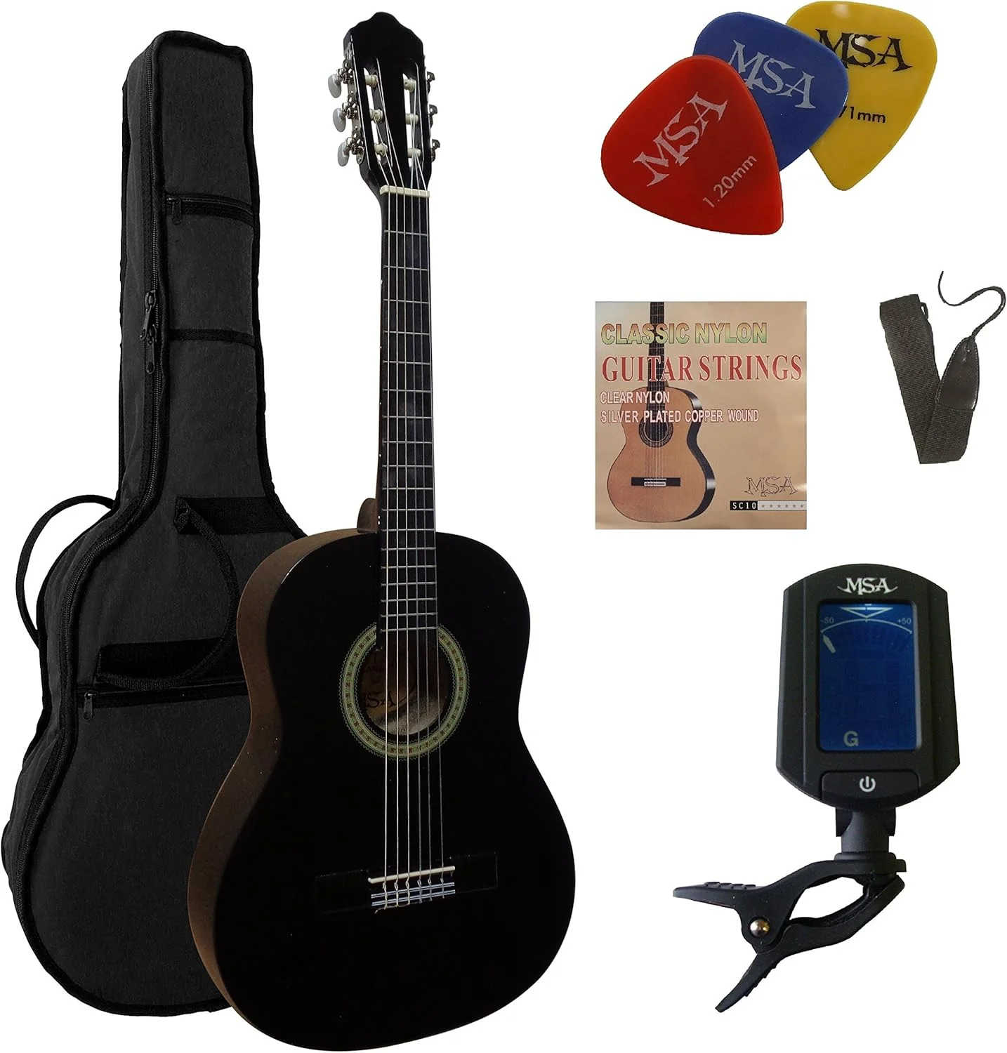 گیتار کلاسیک 3/4 به همراه لوازم جانبی - مشکی - صفحه رو از جنس چوب Linden - کیف - بند - سیم - 3 عدد پیک - کوک کننده ET33B - C5