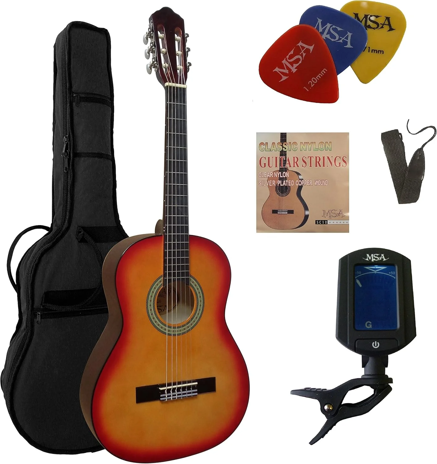 گیتار کلاسیک 4/3 - گیتار کنسرت به همراه مجموعه لوازم جانبی - کلاسیک - سانبرست - صفحه رو از جنس چوب Linden - کیف - بند - سیم - 3 عدد پیک - کوک کننده ET33B - C6