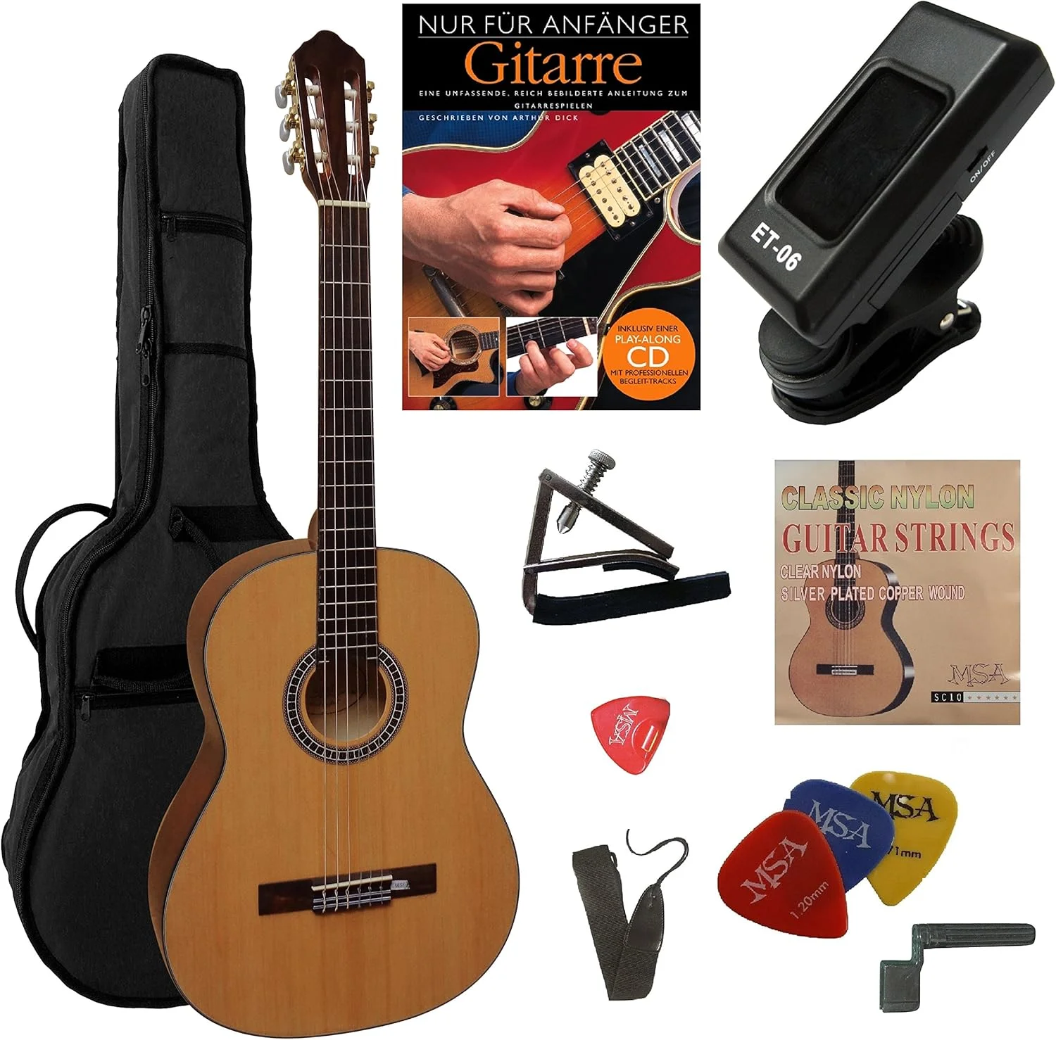 گیتار کلاسیک 4/4 - گیتار کنسرت در مجموعه استارتر 10 تکه - کلاسیک - طبیعی - صفحه رو صنوبر روکش شده - کیف - بند - تیونر - آموزش - CK115