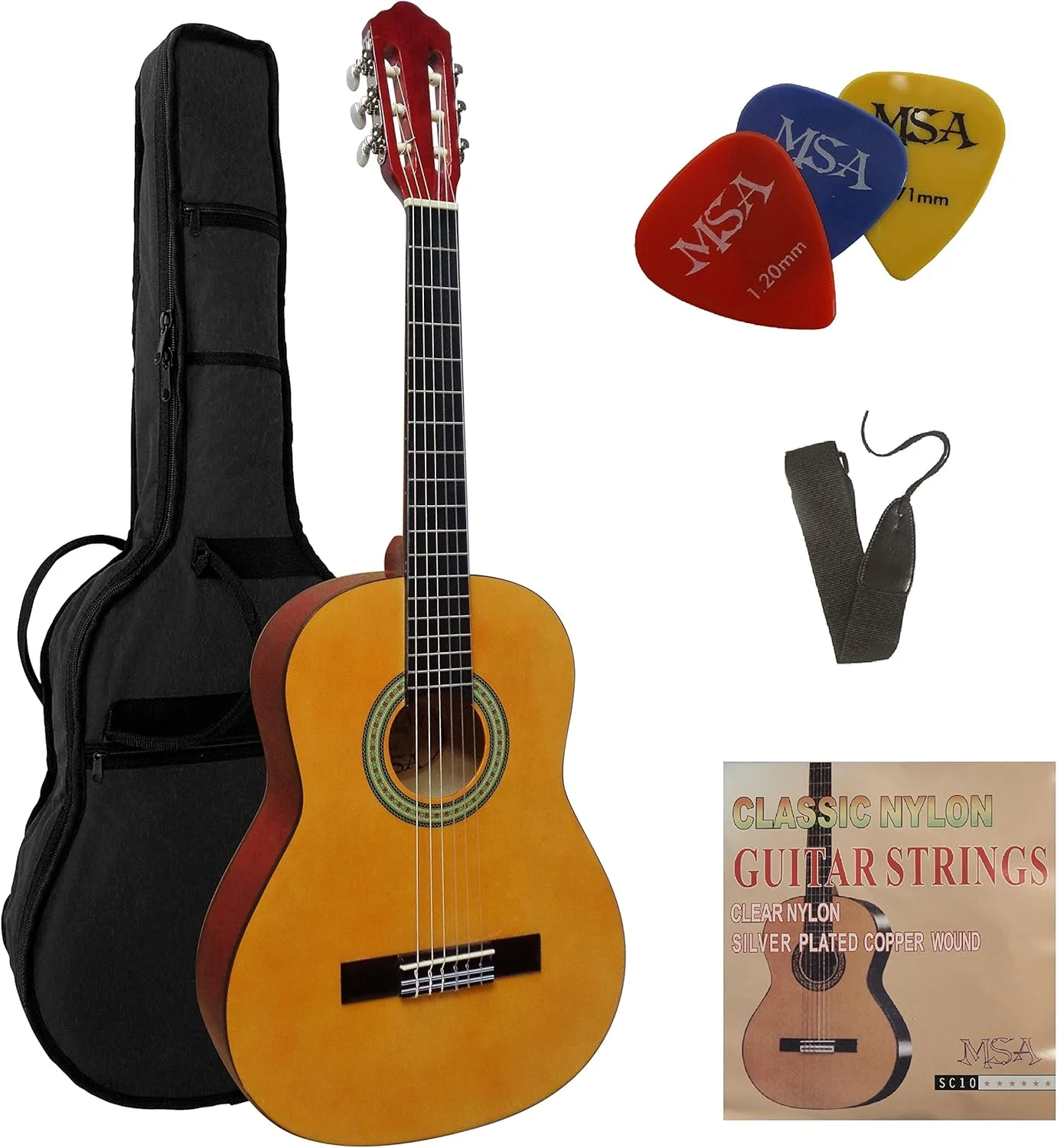 گیتار کلاسیک 1/2 - گیتار کنسرت در مجموعه - گیتار کودک - کلاسیک - طبیعی - صفحه رو لیندن - کیف - بند - سیم - 3 عدد پیک - J3