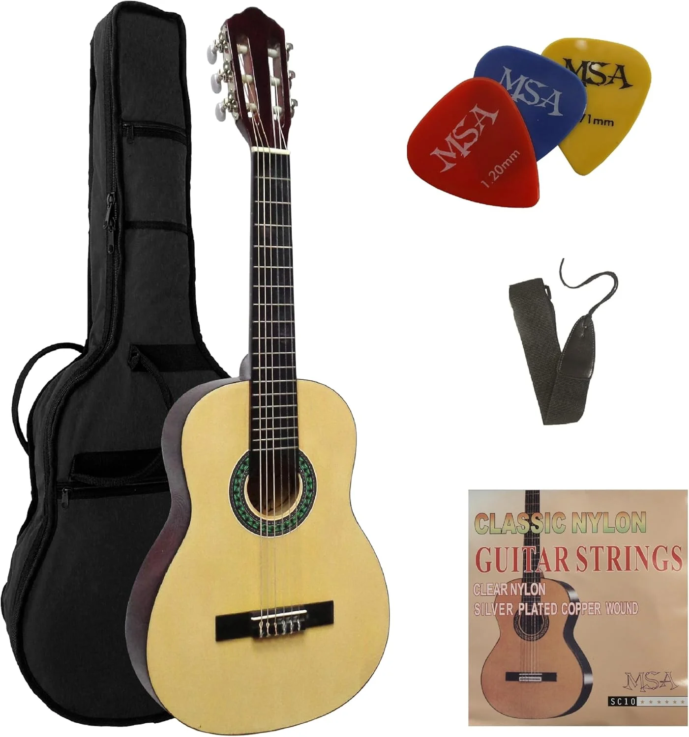 گیتار 1/4 - گیتار کنسرت در مجموعه - گیتار کودک - کلاسیک - سانبرست - صفحه رو لیندن - کیف - بند - سیم - 3 عدد پیک