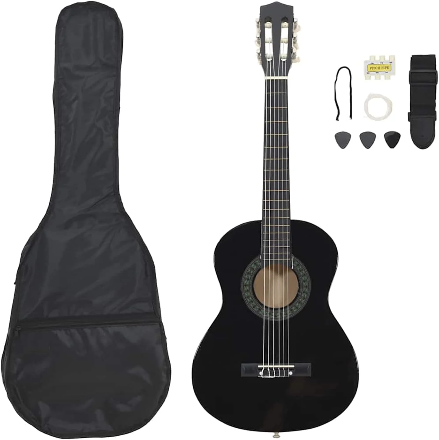 مجموعه گیتار کلاسیک Gecheer برای مبتدیان، مجموعه 8 تکه ای شامل کیف گیتار، بند، پیک، تیونر، سیم، چوب Linden، پلاستیک سخت، 1/2 34 اینچ