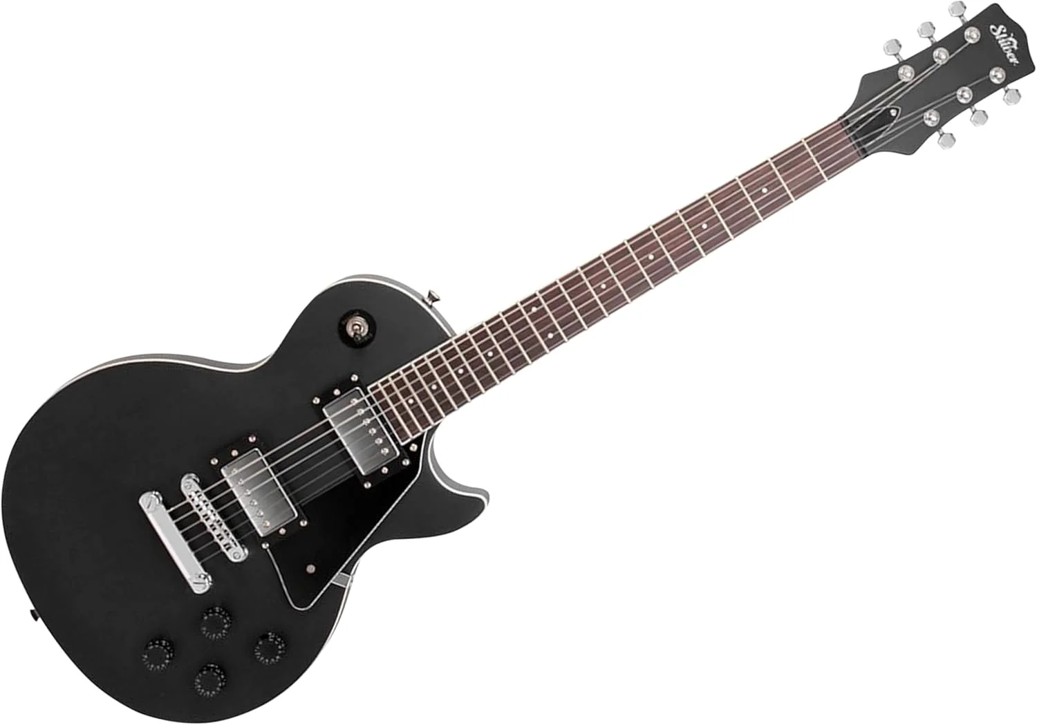 گیتار الکتریک مشکی Shiver GES 60 با ترکیب زیبایی شناسی همیشگی و صدای قدرتمند به لطف پیکاپ های هامباکر، همه کاره و راحت برای مبتدیان و نوازندگان پیشرفته.