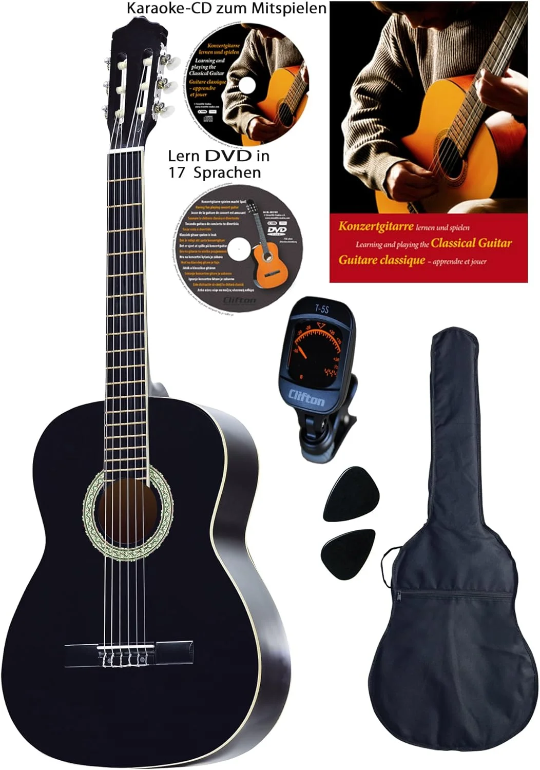 گیتار کلاسیک 4/4، مشکی، صفحه انگشت‌گذاری و خرک رزوود، صفحه رویی صنوبر، دی‌وی‌دی آموزشی، سی‌دی کارائوکه، کتاب آهنگ، کیف پددار با بند پشتی، 2 عدد پیک، تیونر دیجیتال، ست آغازین
