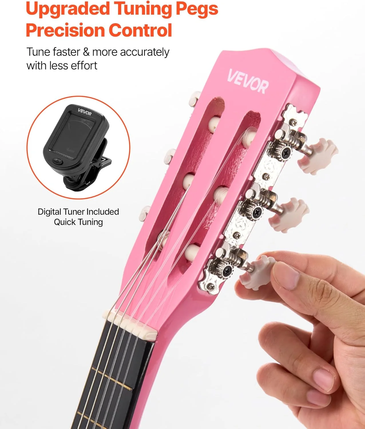 گیتار کلاسیک VEVOR، ست شروع گیتار کلاسیک چوبی 780 میلی‌متری برای مبتدیان، با سیم‌های نایلونی، کیف، بند، کوک‌کننده، سیم‌های اضافی، پیک، کاپو، چوب Linden، برای مبتدیان، دانشجویان، صورتی