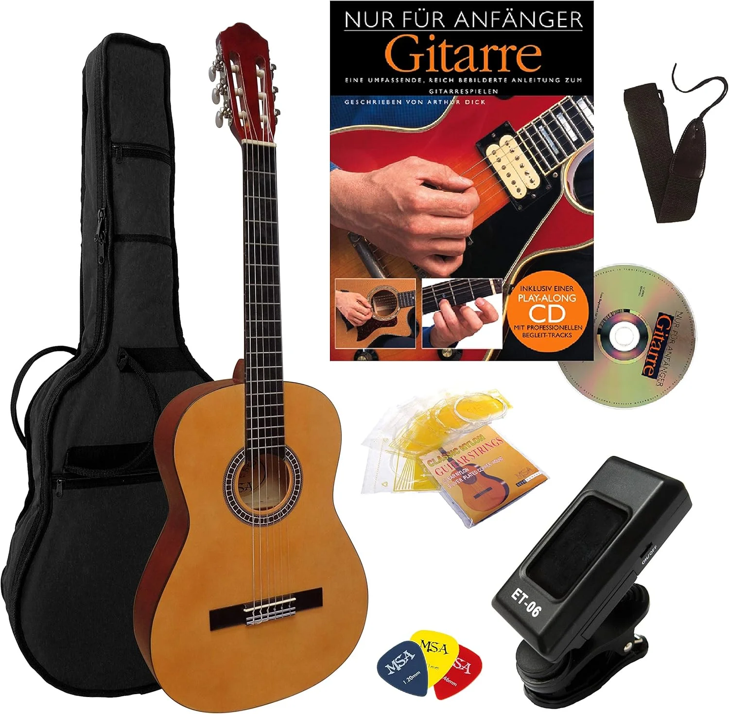 ست کامل گیتار کلاسیک 4/4 - تیونر - کتاب آموزشی - گیتار رنگ طبیعی - کیف - بند - سیم - 3 عدد پیک