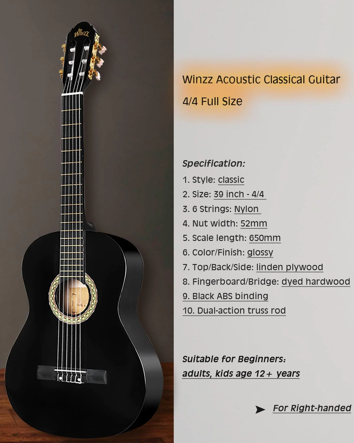 گیتار کلاسیک وینز سایز 4/4 مناسب بزرگسالان، ست گیتار کلاسیک برای مبتدیان و کودکان بالای 11 سال - مشکی براق (39 اینچ)